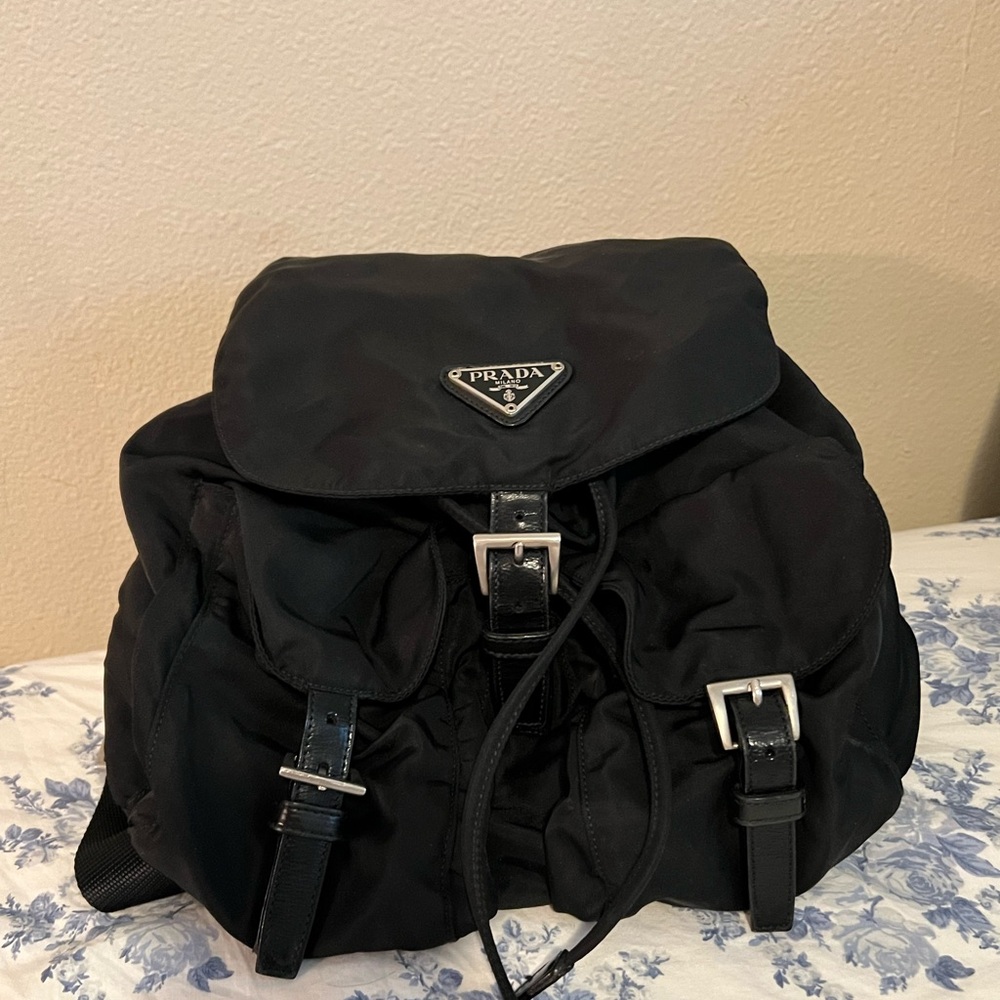 Prada Black Classic Nylon Backpack with Silver Hardware